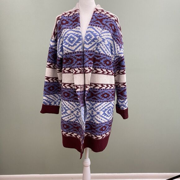 Forever 21 Cardigan Sweater Womens Large Blue Aztec Open Duster Cozy Casual - Picture 1 of 11
